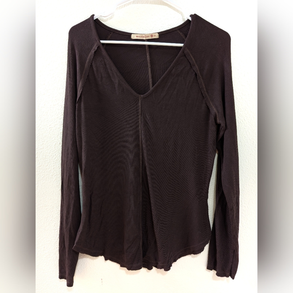 XCVI wearables Bryant V‎ Neck Shirt Chocolate Brown Small Ribbed